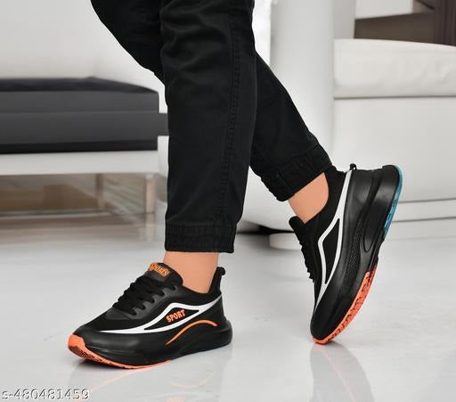Black Sports Sneakers with Cushioned Sole | Lightweight Running & Walking Shoes